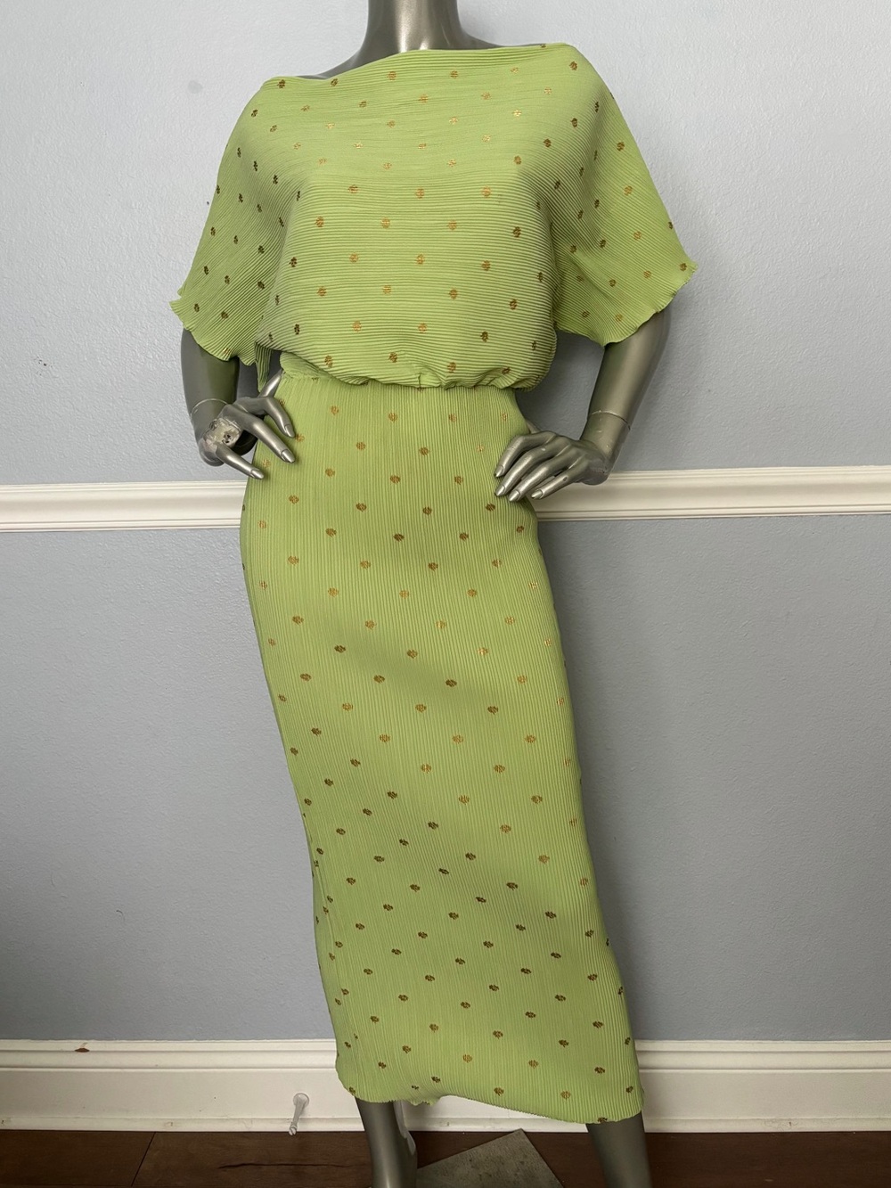 Never Fully Dressed Lime Green Midi Dress with Gold Dot Detail